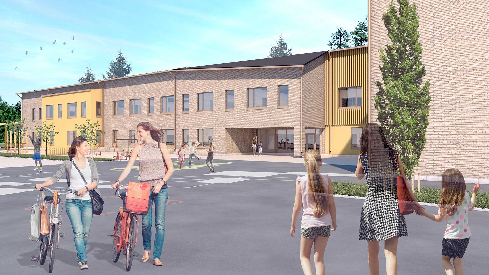 Jokirannan koulu Oulussa on esimerkki yhteistoiminnallisesta rakentamisesta. Havainnekuva: UKI Arkkitehdit