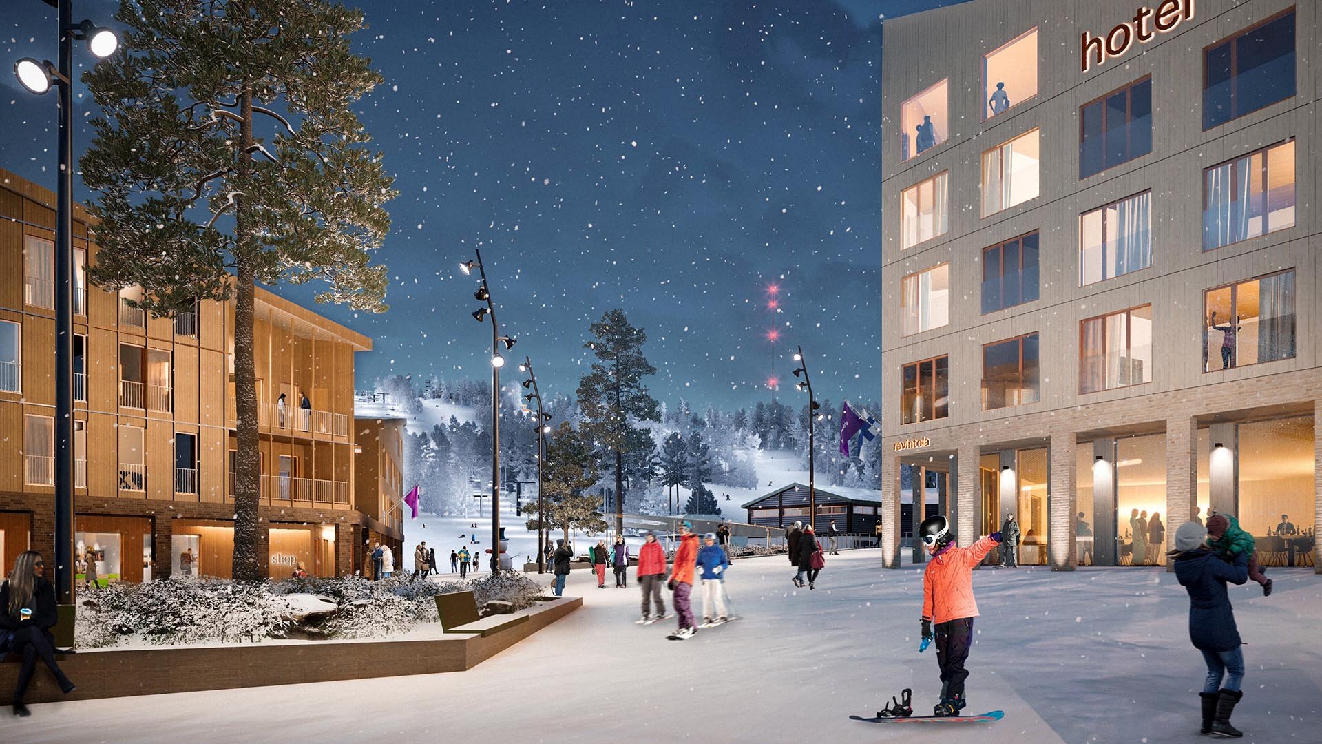 Vuokatti kyläkeskus havainnekuva marraskuu 2025 ONE Architects 1920 x 1080