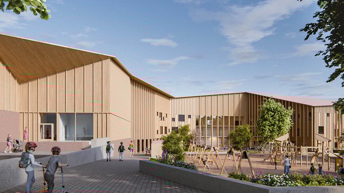 Muuran puurakenteinen koulu nousee uudelle asuinalueelle Vantaan ratikkareitin varrella. Lähettyvillä sijaitsee myös Aviapoliksen juna-asema. Havainnekuva: Olla Architecture
